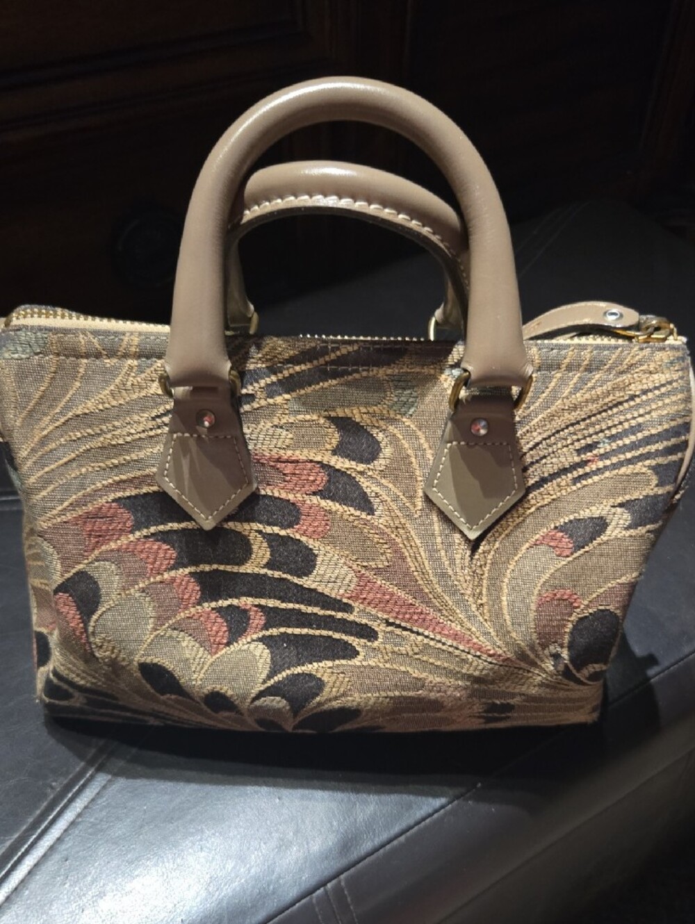 French~Tapestry Pattern Satchel Handbag in Tan and Black - Picture 2 of 7
